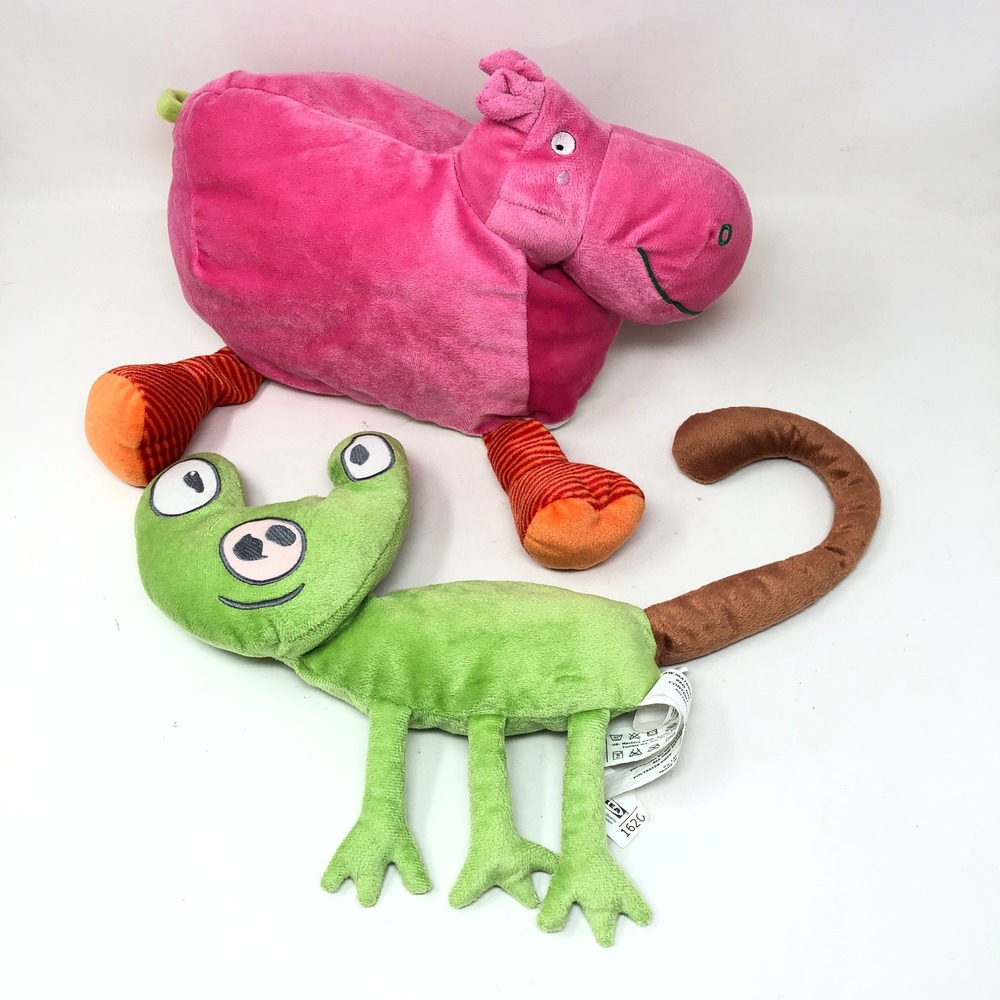 IKEA Plush Pink Hippo Barnslig Flodhast Striped Legs Green Frog Lizard Sagoskatt